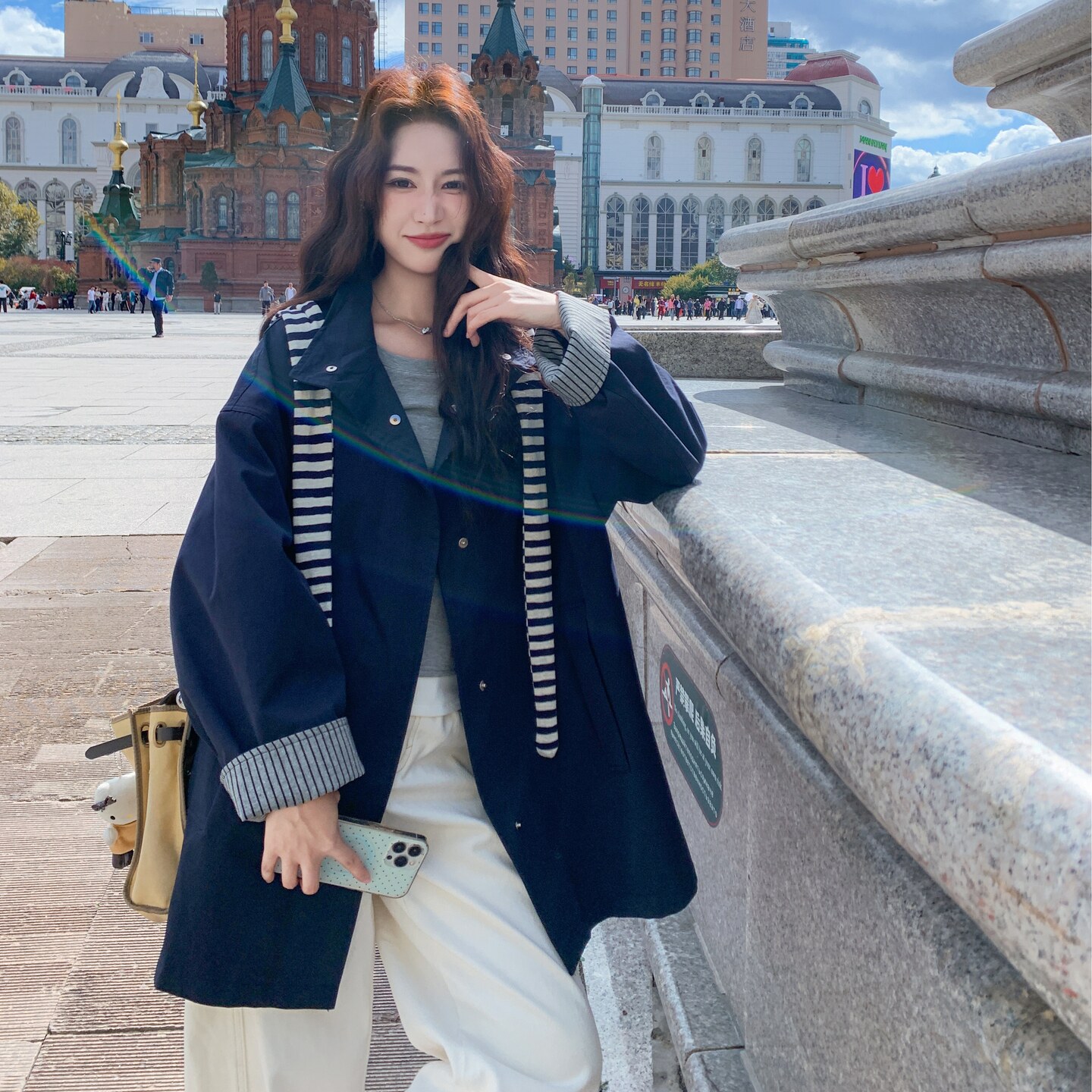 春季藏青色风衣(送条纹披肩）RF2C036-W563-P180-K279,女装风衣,2C036