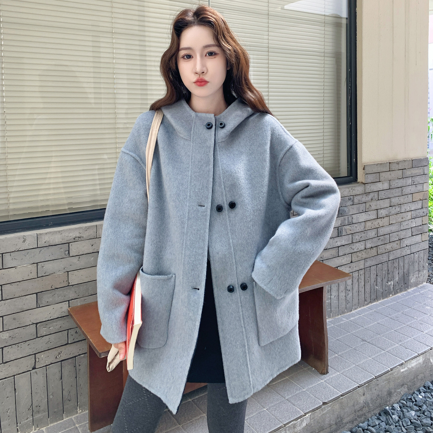 小小双面双色浅蓝拼藏青正70双面羊毛大衣RF2C036-Y603-P250-K378,女装毛呢外套,2C036
