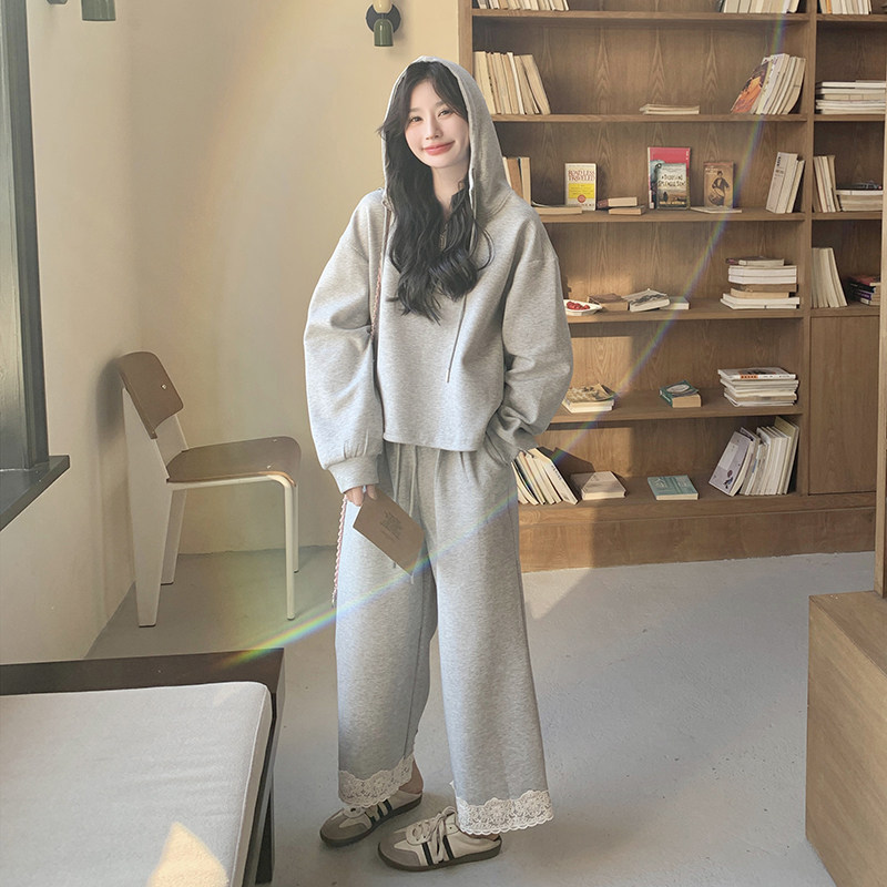 秋装可可云烟灰裤脚花边卫衣两件套RF2C036-T335-P160-K238，女装卫衣/绒衫，2C036