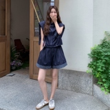 深蓝色休闲牛仔套装女夏新款轻薄时尚洋气印花无袖衬衫短裤两件套，女装套装/套裙，2C036