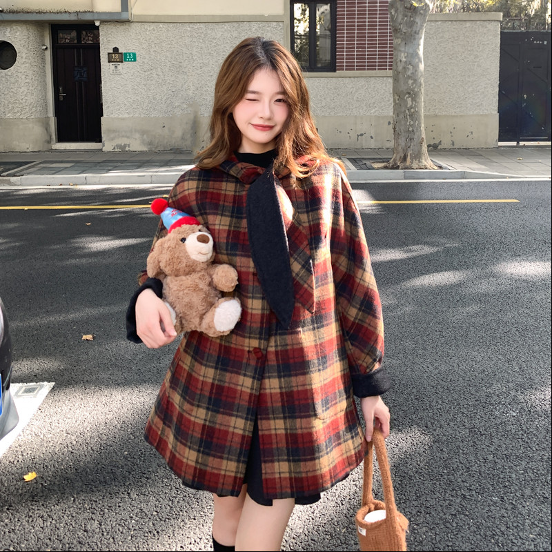 红格子加灰色两面穿连帽正70双面羊毛大衣RF2C036-Y609-P250-K378,女装毛呢外套,2C036