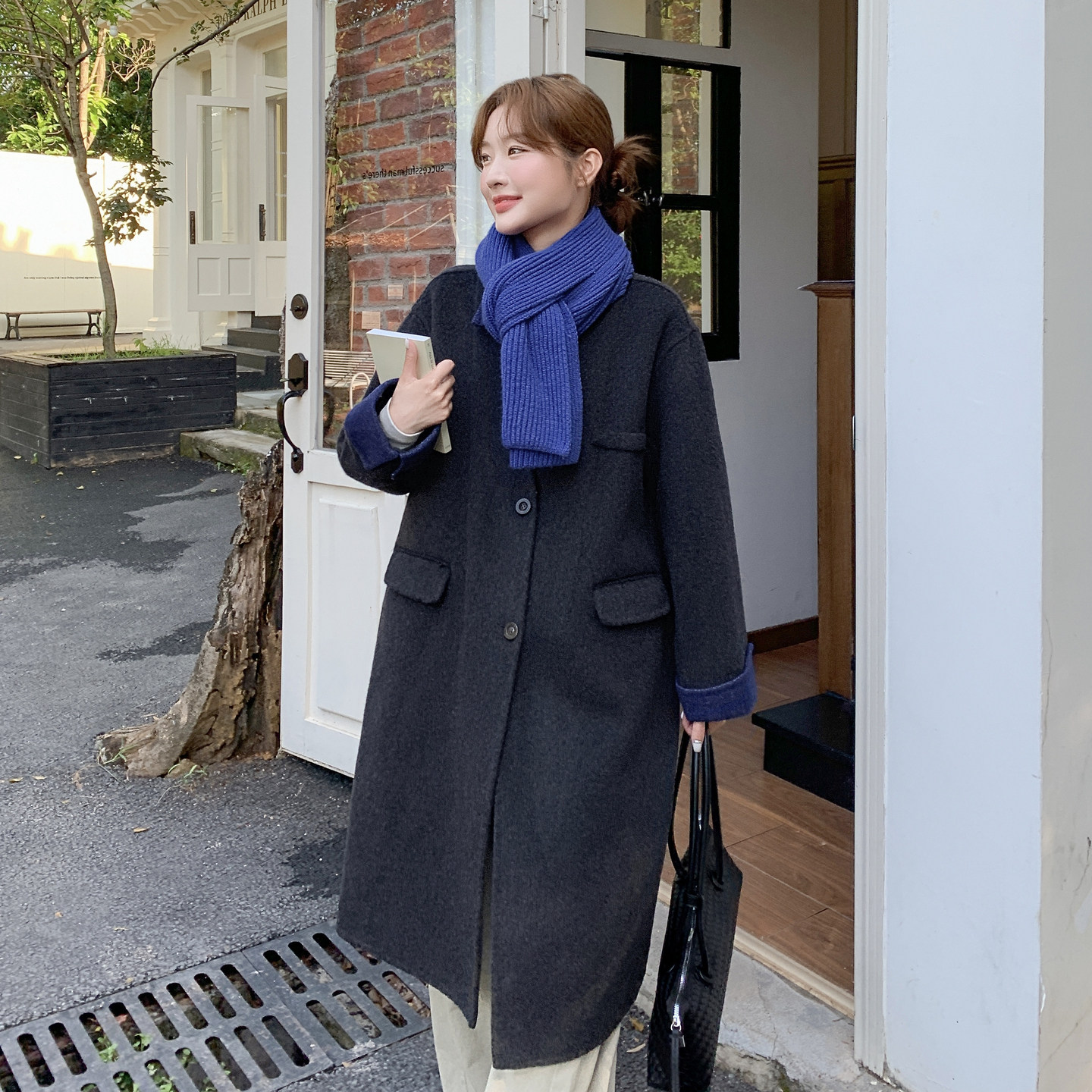假两件拼接藏青色双面呢外套女2025冬季新款长款羊毛流行爆款大衣,女装毛呢外套,2C036