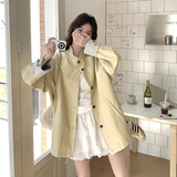 黄色翻领皮衣外套女2025春季新款复古设计感宽松休闲PU皮机车夹克，女装风衣，2C036