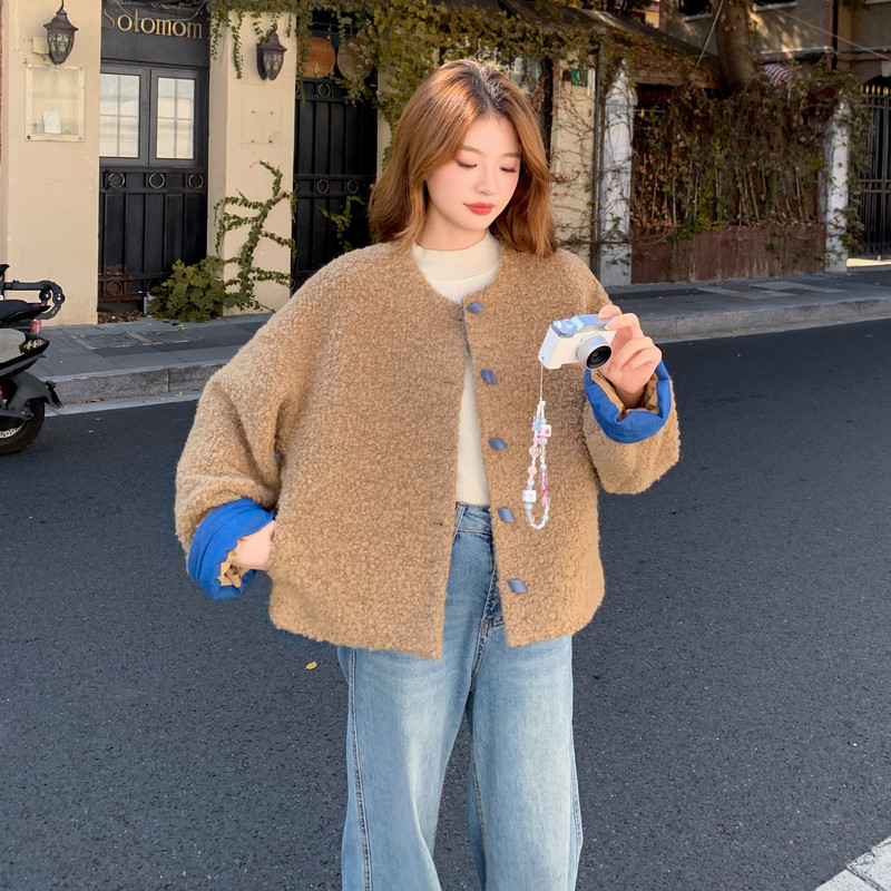 冬装土土焦糖色羊毛圈圈呢撞色小外套RF2C036-W597-P180-K268图片