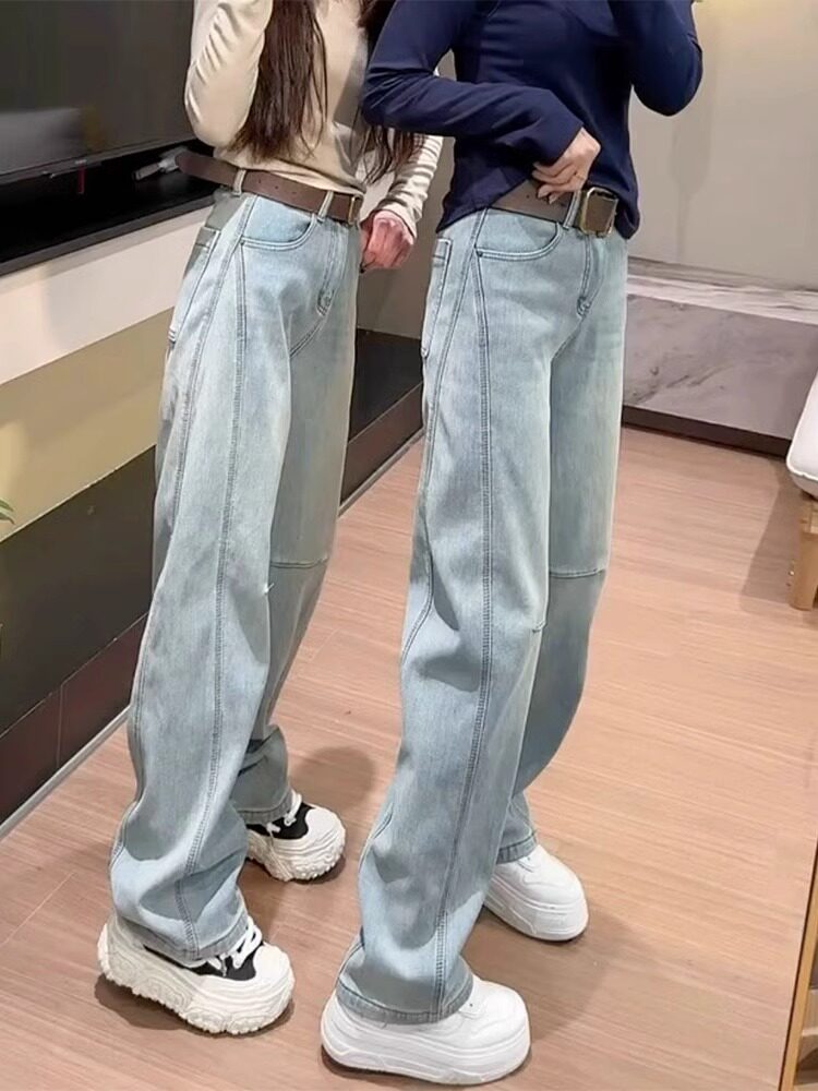 Light-colored fleece-lined jeans for women, new autumn and winter style, plus size, suitable for pear-shaped figures and petite heights, high waist, slimming, wide leg, scimitar pants