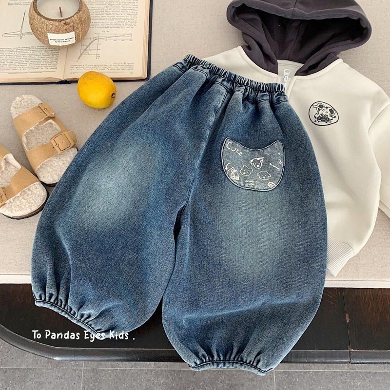 男童加绒牛仔裤秋冬款新款儿童裤子冬季加厚保暖宽松直筒裤潮