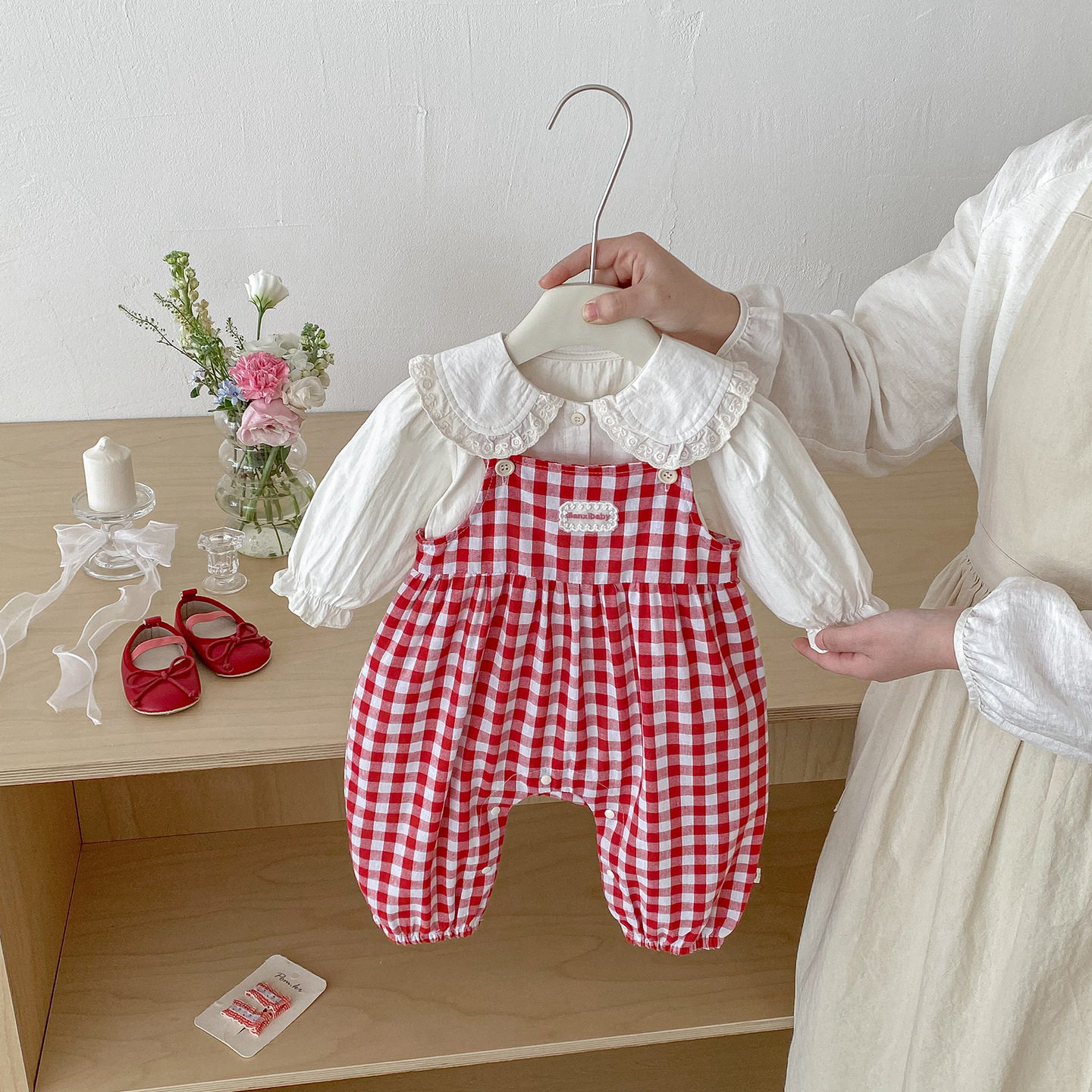 春季新款婴幼儿格子连体裤套装女宝宝翻领娃娃衫背带裤两件套,童装/婴儿装/亲子装,套装,淘宝优惠券,粉丝福利购,淘宝优惠卷