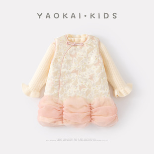 2025冬季新款婴幼儿加绒加厚新中式旗袍裙套装女宝宝背心裙两件套
