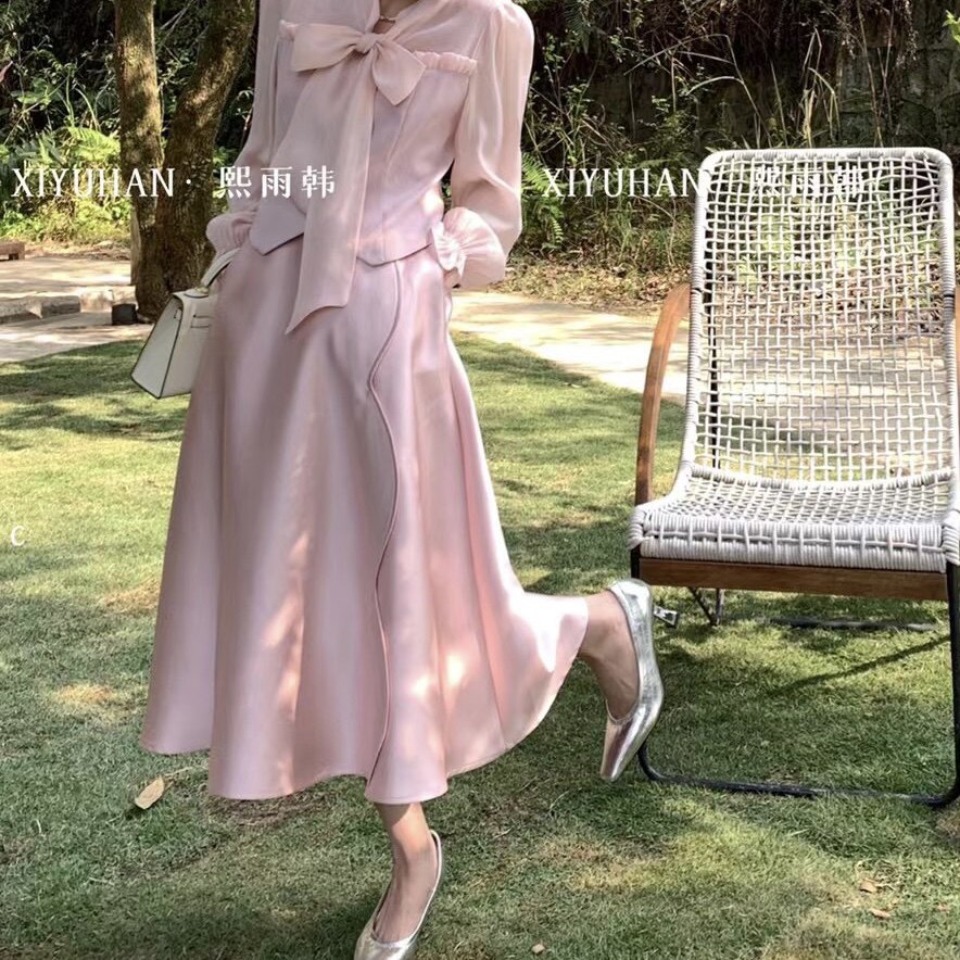 熙雨韩法式甜美粉色减龄显白高花包型压褶半身裙女高级感中长裙