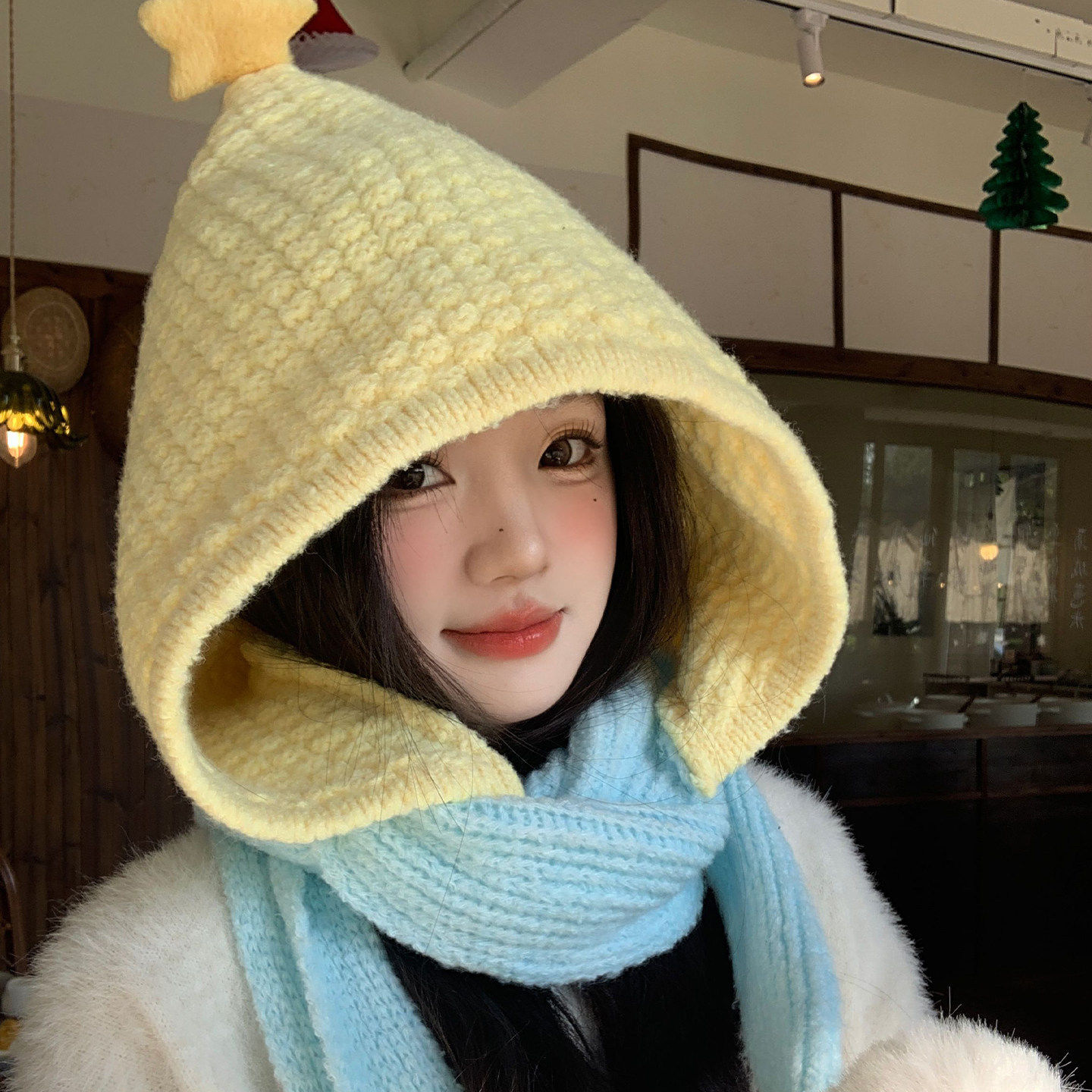 可爱黄色星星针织毛线帽子围巾一体女冬巴拉克拉法帽保暖连帽围脖