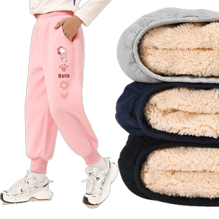 史努比女童加绒裤子一条过冬2023新款羊羔绒粉色儿童厚绒休闲裤