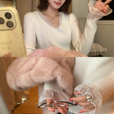 SUSAN-轻漾韩系V领网纱拼接坑条木耳边修身气质针织衫7217s