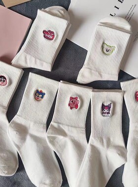 ins潮白色中筒袜春夏薄款学生运动可爱刺绣卡通图案网红简约百搭