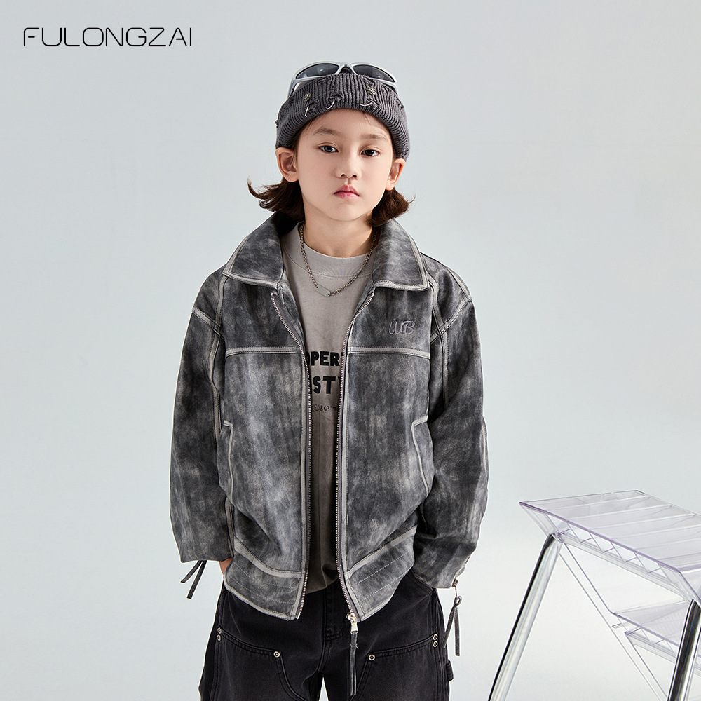 FULONGZAI亲子童装2024秋冬季男女童新款中大童宽松儿童牛仔外套