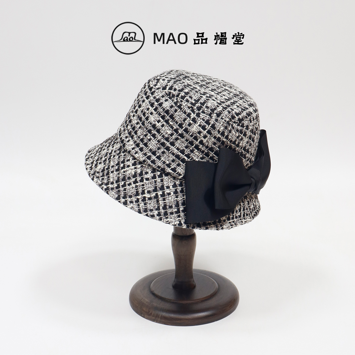 粗花呢格纹蝴蝶结渔夫帽女士秋冬