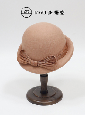 MAO品帽堂 麻纱蝴蝶结翘边礼帽女士秋冬新款复古百搭时尚羊毛毡帽