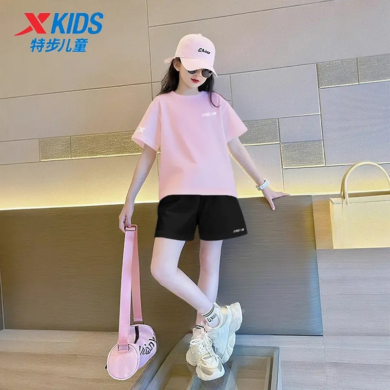 特步夏季女童装儿童套装时髦休闲运动韩范中大童短袖五分裤两件套