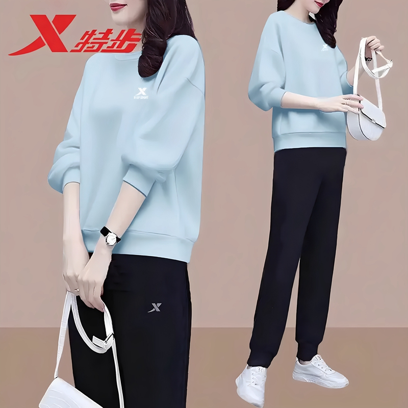 特步卫衣套装女款春秋季针织跑步长袖卫裤2025新款纯色休闲运动服