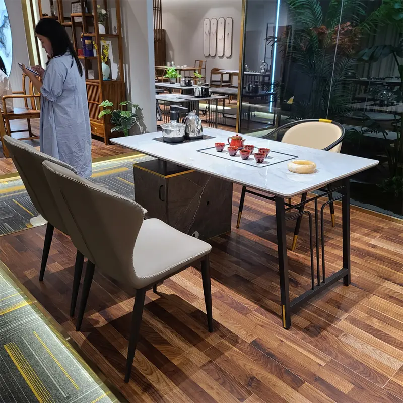 深圳现代茶桌岩板功夫茶桌铁艺大理石茶台自动上水泡茶办公室茶几