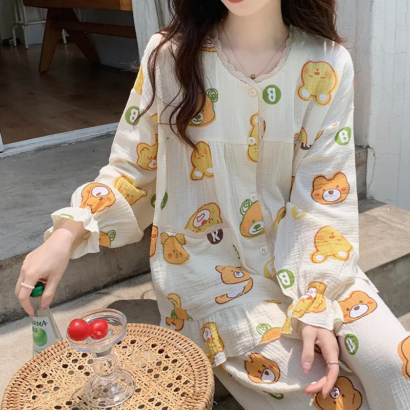 棉纱布睡衣女批发长袖两件套装卡通可爱学生甜美少女家居服可外穿