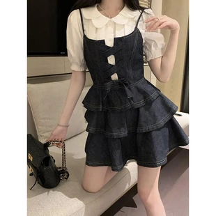 法式 蝴蝶结蓬蓬裙套装 小个子甜酷风牛仔吊带连衣裙子衬衫 两件套装