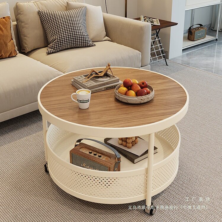 奶油风轻奢岩板客厅茶几小户型家用圆形网红带轮可移动小推车茶几