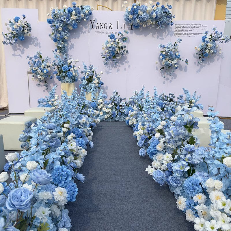 婚庆仿真花蓝白色地排玫瑰花浪漫婚礼背景装饰布置路引订婚宴花艺