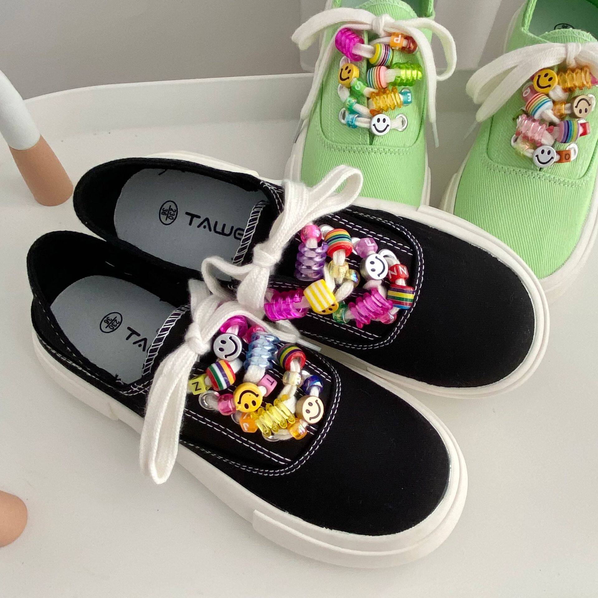 DIY爆改鞋子女2022年牛油果绿可爱圆头厚底两穿丑萌帆布夏1018-1