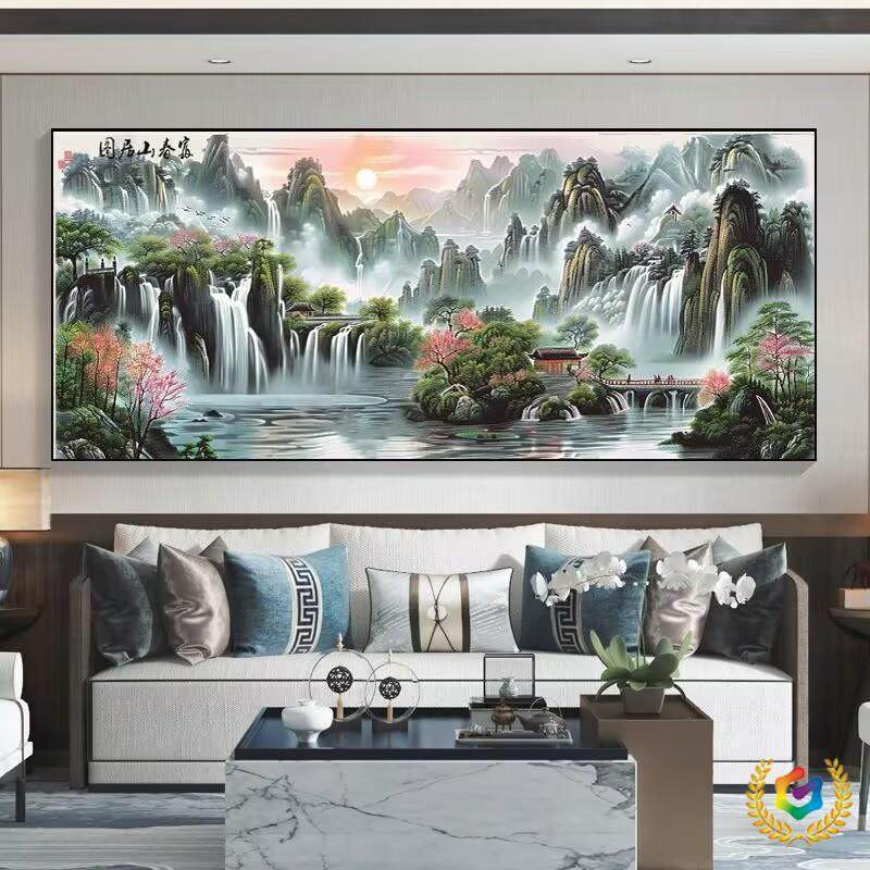 ?流水生财富春山居图十字绣新款客厅书房线绣自己绣满绣风景十字