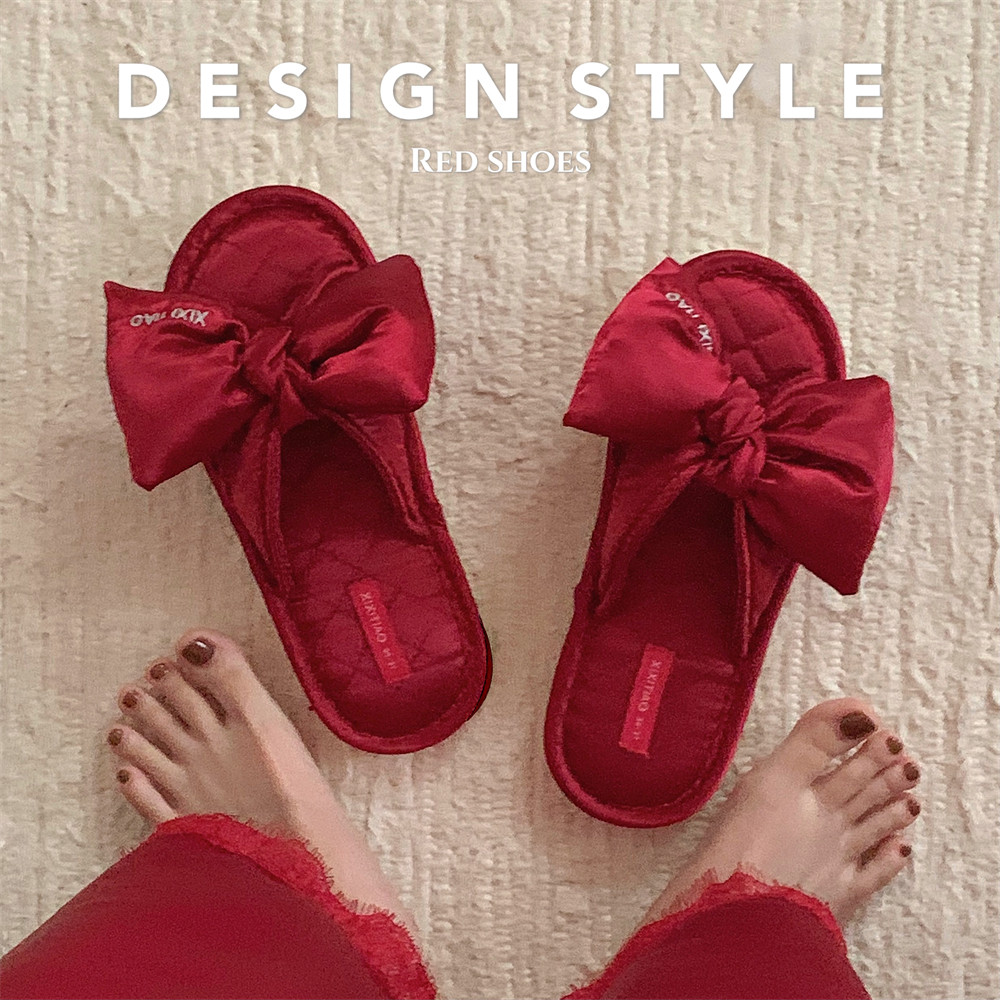 轻奢红色室内家居防滑春夏秋冬季一字拖男女结婚喜庆情侣棉麻拖鞋