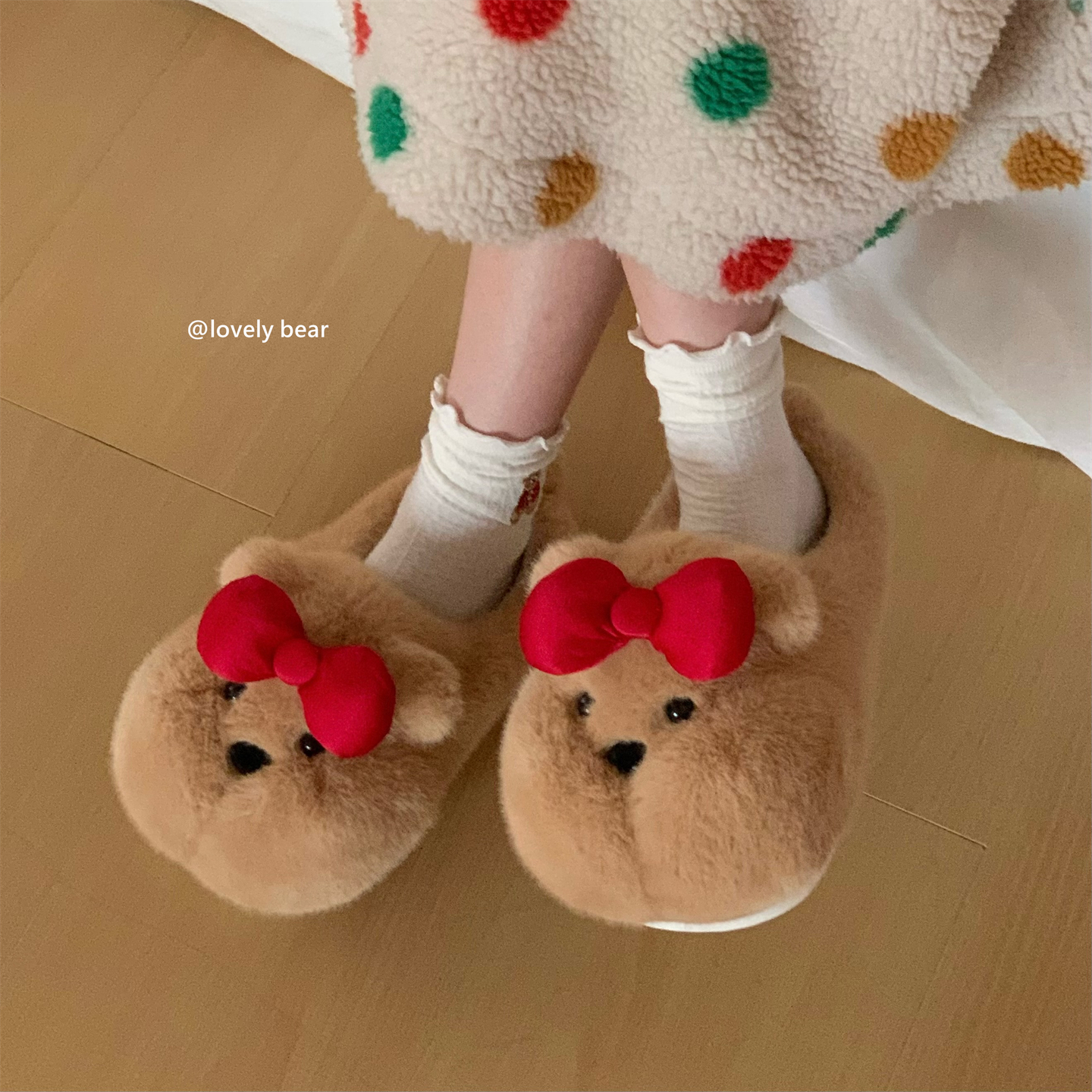 蝴蝶结小胖熊棉拖鞋女可爱居家