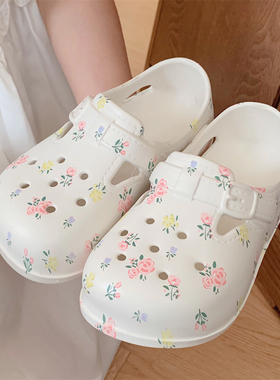 仙女风蓝色小花儿童洞洞鞋时尚户外防滑女童宝宝海边度假夏季凉鞋