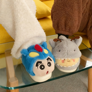 防滑情侣毛毛月子鞋 鲨bee男女士可爱蜡笔小新休闲棉拖鞋 居家冬季