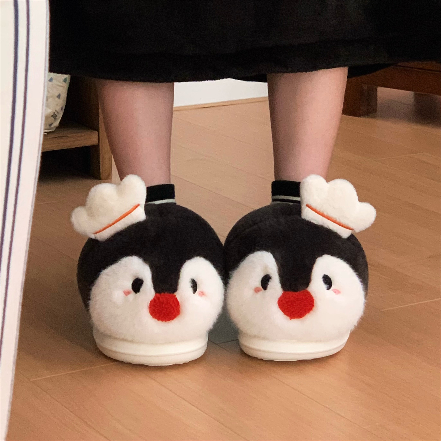 可爱红鼻子企鹅居家棉拖鞋冬情侣