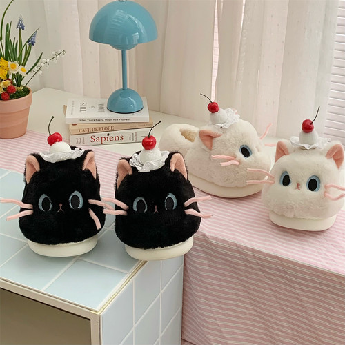 甜美樱桃软萌蓝眼小猫爪棉拖鞋女