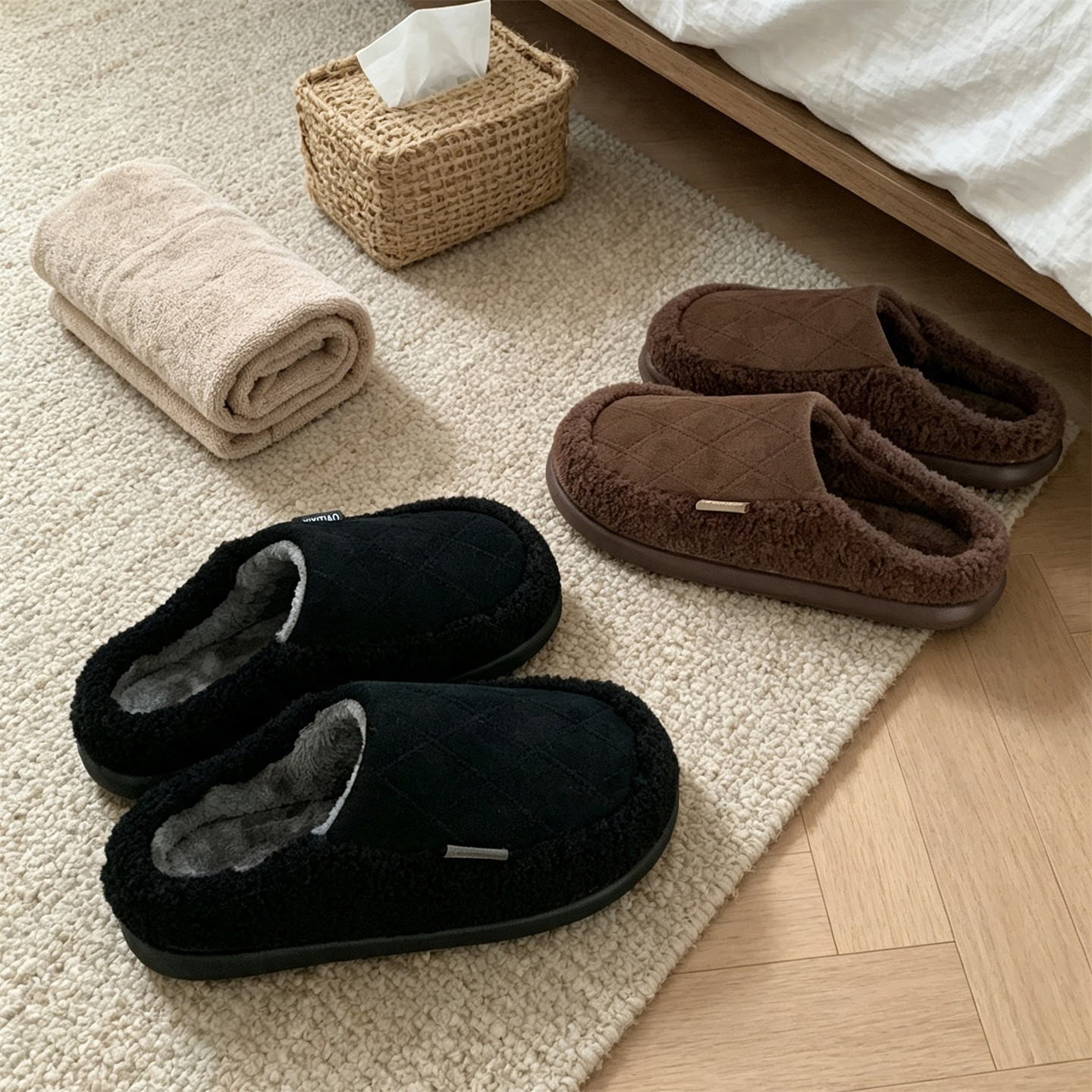 卧室防滑复古百搭男士毛毛鞋简约日系居家冬天休闲纯色菱格棉拖鞋