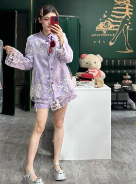 中式国风上衣套装2025春夏新款紫色新中式外套短裤裙两件套套装女