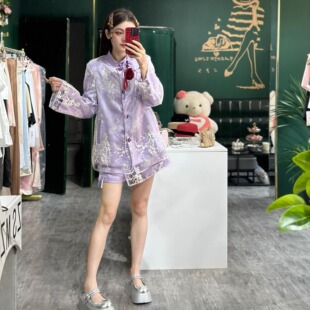 国风上衣套装 裙两件套套装 2025春夏新款 外套短裤 女 紫色新中式 中式