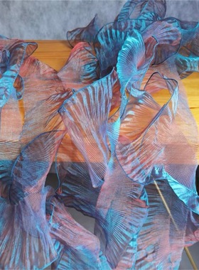 麋鹿古蓝色渐变幻彩欧根纱荷叶波浪大花边辅料连衣裙服装褶皱布料