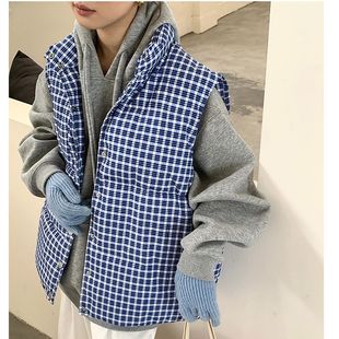 韓系高級格子棉服馬甲加厚女秋冬季 坎肩背心上衣 外穿立領(lǐng)馬夾無袖