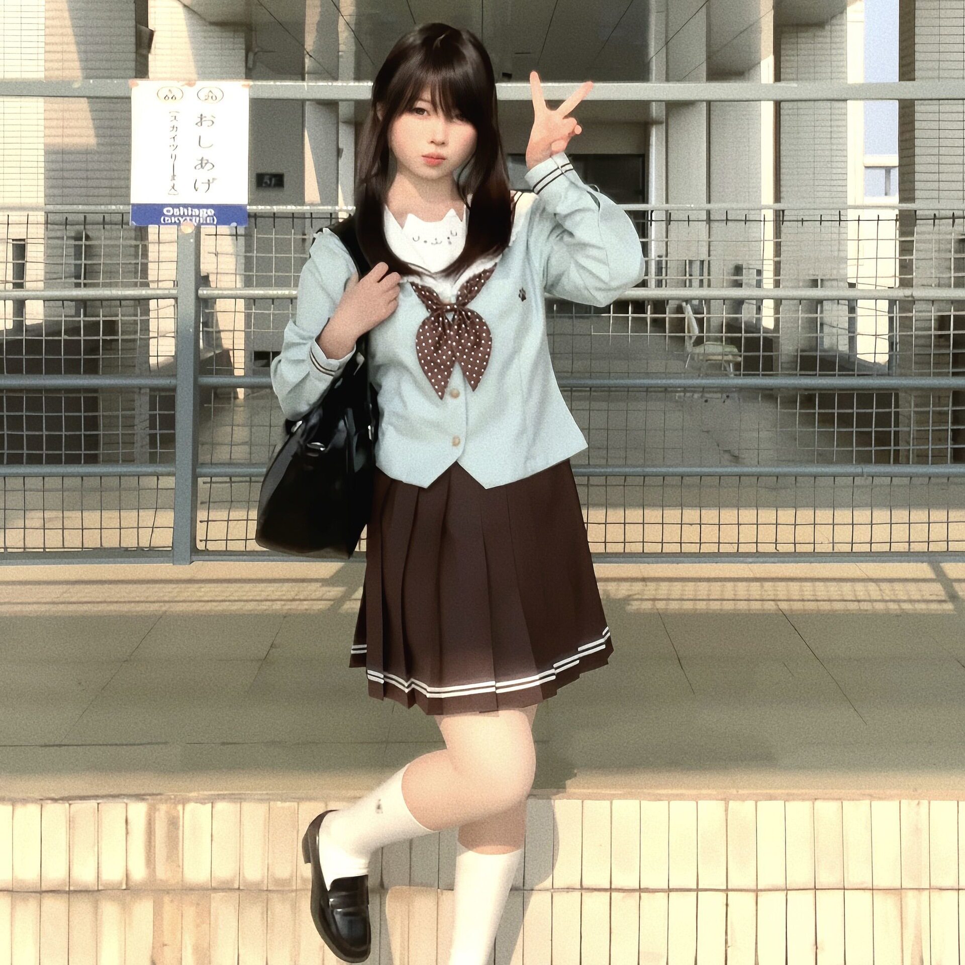 美子轻奢失落小狗零度句号原创新款薄荷绿长短袖水手服套装超萌可