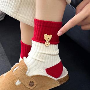 本命年大红色袜子女棉袜秋冬中筒袜卡通可爱新2026马年堆堆袜礼盒