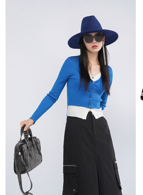 UX 新款宝蓝色V领修身假两件针织衫长袖上衣
