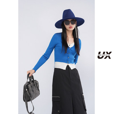 【达人同款】UX2024春季新款宝蓝色V领修身假两件针织衫长袖上衣
