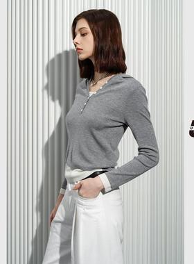 【舒心专属】UX 2025春秋新款 灰色拼接假两件连帽衫女 时尚通勤