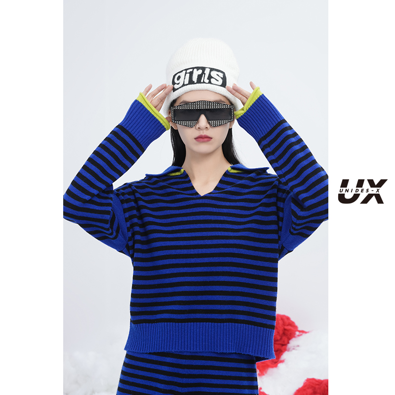 【昕怡粉丝专享】UX 秋冬新款 韩系INS风设计感条纹毛针织衫女