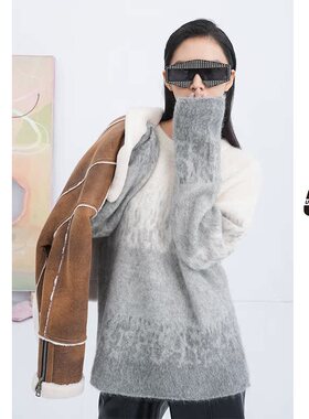 UX秋冬新款灰色渐变圆领套头毛衣