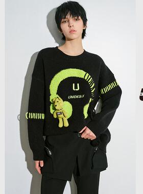 UX 冬季新款 黑色耳机提花毛衣女 时尚通勤百搭针织