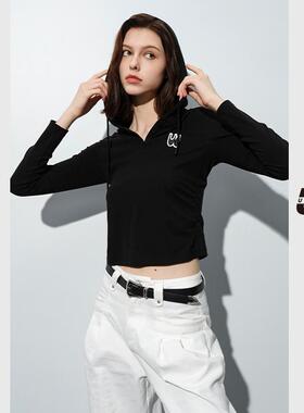 UNIDES-X UXUX2025新款 黑色短款针织连帽衫女