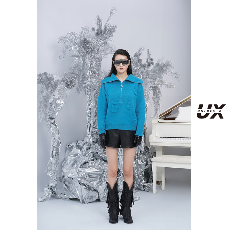 【舒心专享】UX 20秋冬新款 设计感欧美ins风湖蓝色毛针织衫女